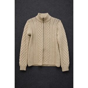 Inis Crafts Aran Cable Knit Full Zip Sweater 100% Merino Wool Cream Ireland M